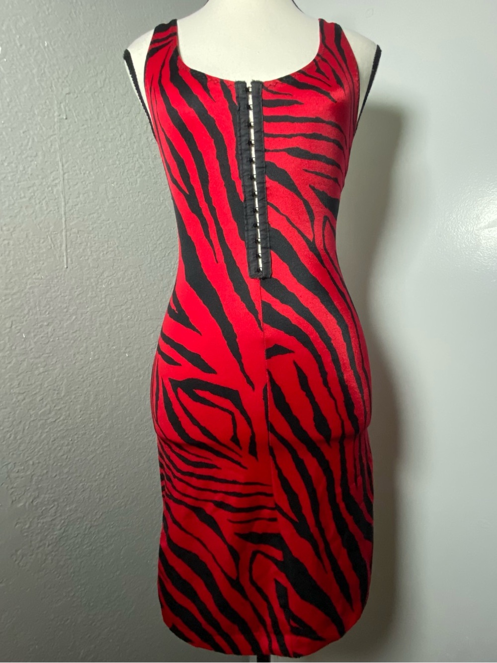 Y2K Shirley of Hollywood Red & Black Zebra Bodycon Tank Mini Dress Size Medium
